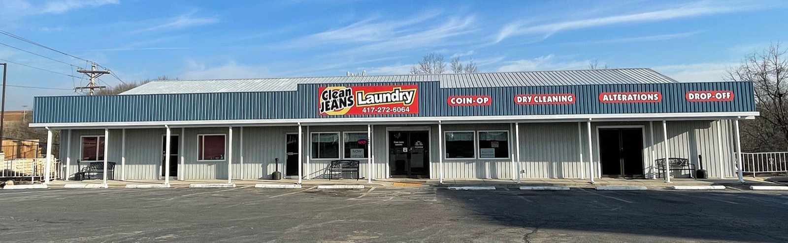 Clean Jeans Laundry storefront banner in Branson West